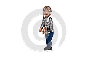 Kid Asian boy playing with toy airplane isolated over white background, Two year one month old