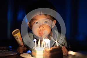 A happy kid is blowing candles on his birthday cake at his birthday party night