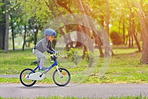 Happy kid boy of 5 years having fun in spring park with a bicycle on beautiful fall day. Active child wearing bike helmet