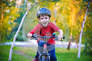 Happy kid boy of 6 years having fun in autumn forest with a bicycle on beautiful fall day. Active child making sports. Safety,