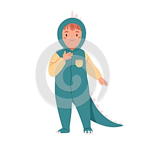 Happy kid in dino costume. Cute boy disguised in funny dragon wearing for holiday carnival. Little child character in