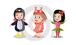 Happy Kid Dressed in Christmas Costumes Vector Illustration Set