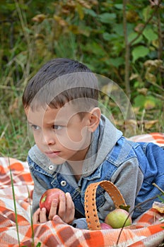 Happy kid eating fruits. happy cute child boy eating an apple. lies on a coverlet in an autumn park