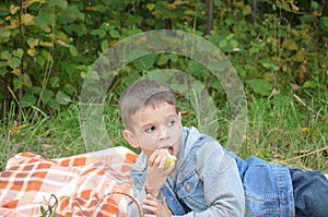 Happy kid eating fruits. happy cute child boy eating an apple. lies on a coverlet in an autumn park