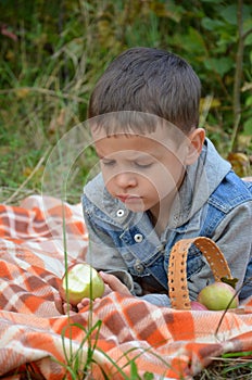 Happy kid eating fruits. happy cute child boy eating an apple. lies on a coverlet in an autumn park