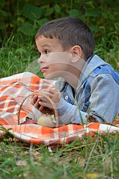 Happy kid eating fruits. happy cute child boy eating an apple. lies on a coverlet in an autumn park