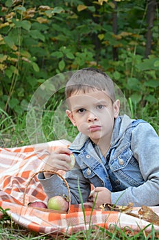 Happy kid eating fruits. happy cute child boy eating an apple. lies on a coverlet in an autumn park