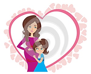 Happy kid girl hugging pregnant mother`s belly - card