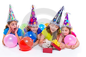 Happy kid girls puppy dog gift in birthday party