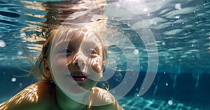 Happy kid have fun in swimming pool. swimming under water, Funny child swim, dive in pool jump deep down underwater from poolside