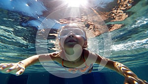 Happy kid have fun in swimming pool. swimming under water, Funny child swim, dive in pool jump deep down underwater from poolside