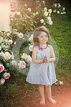 Happy kid having fun. Child standing barefoot at blossoming rose flowers on green grass