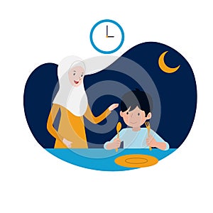 Happy kid and his mother ready for sahur or pre-dawn meal before start fasting vector illustration. family ramadan activity
