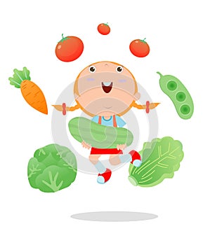 Happy kid holding smiling live vegetables, Children and vegetables, Healthy children food concept, Happy kids holding jumping vege