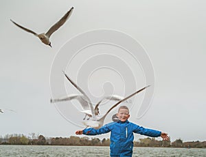 Happy kid is playing with seagulls in summer beach. School child boy chasing birds in the sea beach in Poole, Dorset, UK