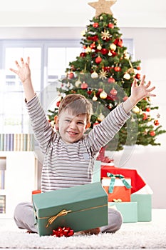 Happy kid raising arms at christmas