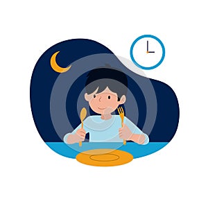 A happy kid ready for sahur or pre-dawn meal before start fasting vector illustration with night scene background. children`s