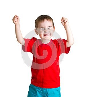 Happy kid in red tshirt with hands up isolated