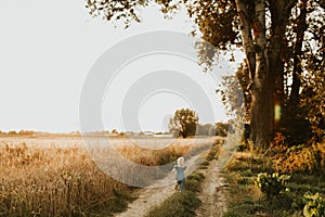 Happy kid running in a nature, on a wheat field. Freedom and happy childhood concept.