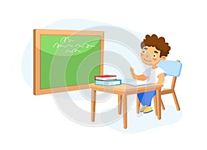 Happy Kid School Boy Sitting at Desk in Classroom Studying, Schoolboy Character Raising Hand to Answer Lesson