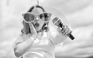 happy kid singer with mic love music, singing, selective focus