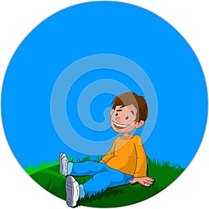 Happy kid sitting on the grass. Cartoon boy character.  Sit, child. Blue background. Oval, round, circular design. 2D vector , ill