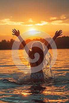 happy kid swimming and bathing in lake or river in summer at sunset, joyful child splashing water