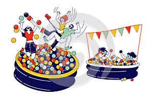 Happy Kids and Adult Characters Playing in Ball Pool. Amusement Park Recreation, Birthday or Event Celebration, Fun