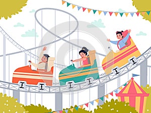 Happy kids in amusement park. Smiling children have fun on roller coaster, cute little boys and girls on ride