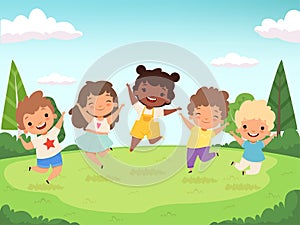 Happy kids background. Funny childrens playing and jumping laughing teen people vector characters