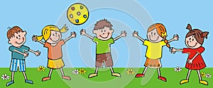 Happy kids and ball on meadow, funny vector illustration