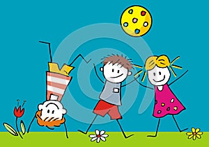 Happy kids and ball on meadow, vector illustration