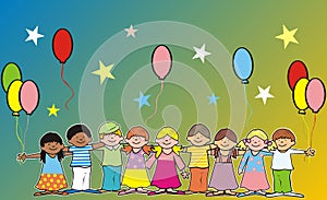 Happy kids and ballons, banner, vector picture