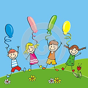 Happy kids and balloons on meadow, vector illustration