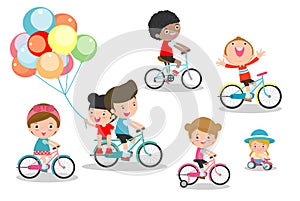 Happy kids on bicycles, Child riding bike,Kids riding bikes, Child riding bike, kids on bicycle vector on white background,