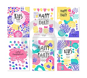 Happy Kids Birthday Party Poster and Invitation Card with Bright Blots Vector Set