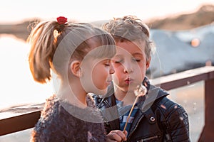 Happy kids blowing on a dandelion