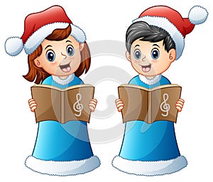 Happy kids in blue santa costume singing christmas carols