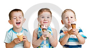 Happy kids boys and girl eating ice cream isolated