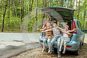 Happy kids in car, family trip, summer vacation travel