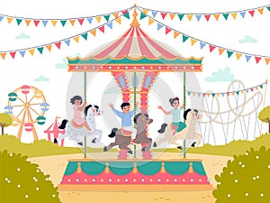 Happy kids on carousel. Smiling children in amusement park, boys and girls ride in circle on horses, merry go round
