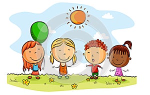 Happy kids cartoon with balloons on a summer day