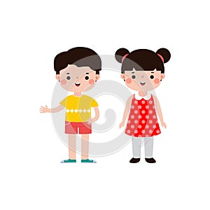 Happy kids cartoon character flat style, cute little children standing isolated on white background.