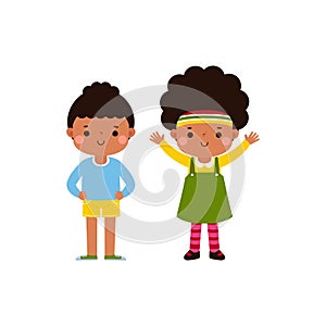 Happy kids cartoon character flat style, cute little children standing isolated on white background.