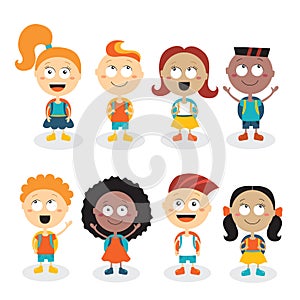 Happy kids cartoon characters isolated on white background. Back to school theme