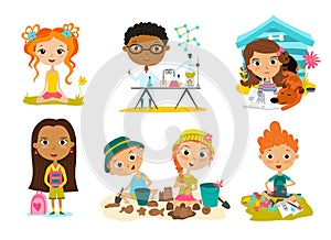 Happy kids cartoon collection. Multicultural children in different positions isolated on white background