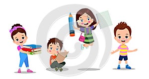 happy kids cartoon collection. Multicultural children in different positions isolated on white background