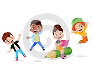 happy kids cartoon collection. Multicultural children in different positions isolated on white background