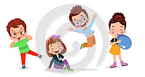 happy kids cartoon collection. Multicultural children in different positions isolated on white background