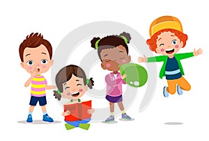 happy kids cartoon collection. Multicultural children in different positions isolated on white background